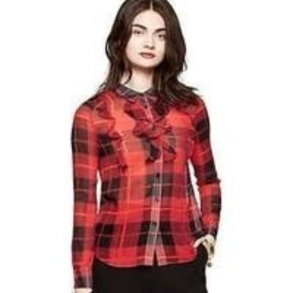 Kate Spade plaid ruffled semi-sheer blouse red black plaid size 4 - Picture 5 of 10
